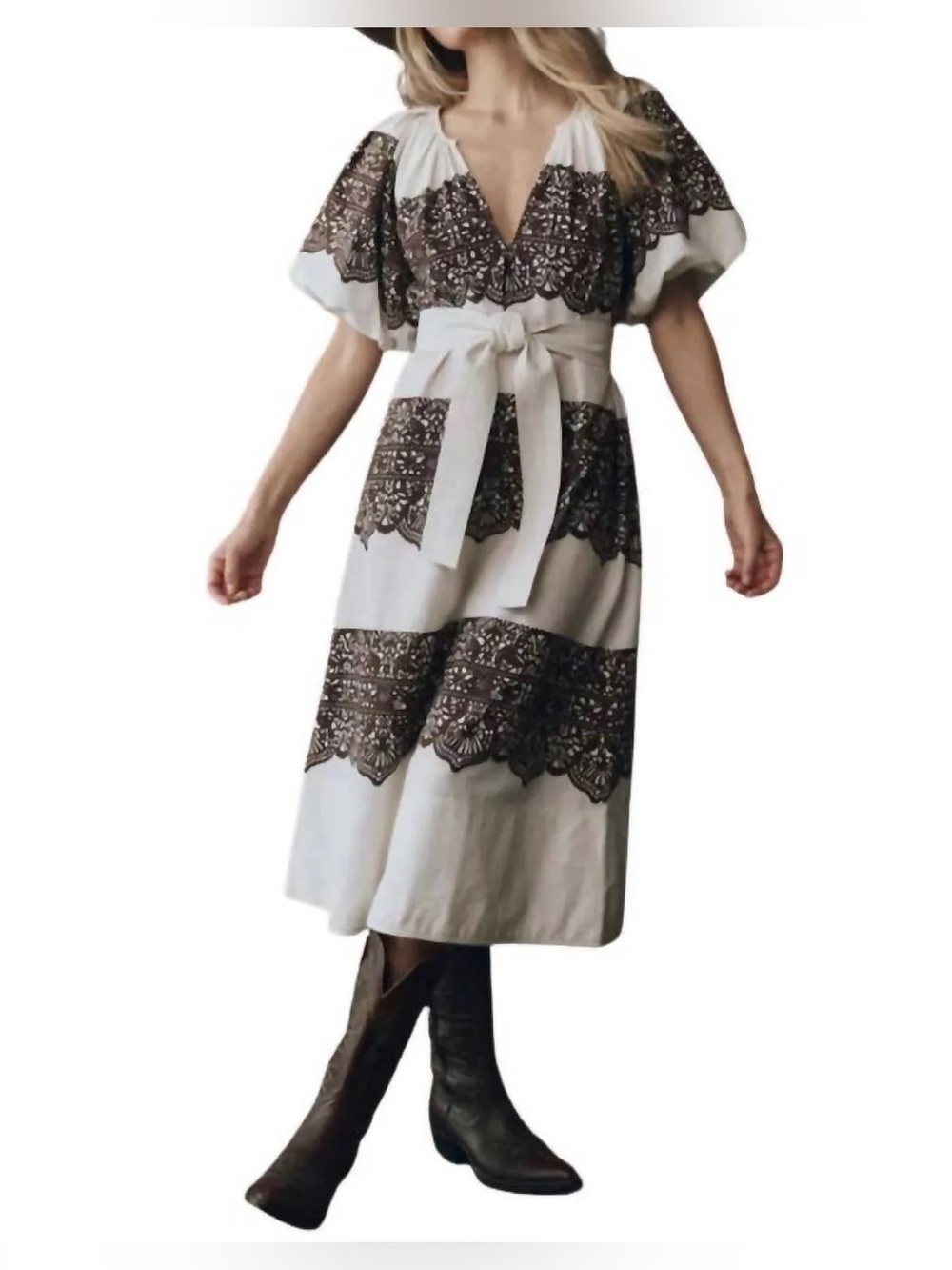The Great Fairground Dress in Cream with Western Lace Print- size 0